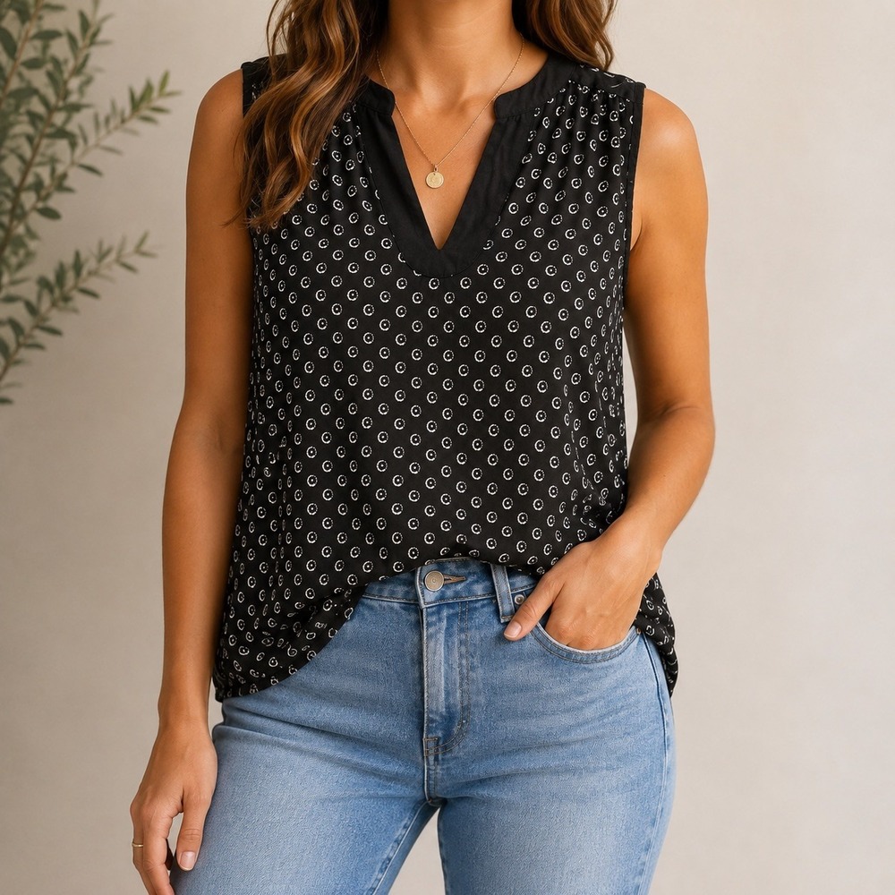 Maeve Anthropologie Black White Printed Sleeveless Flowy V Neck Blouse